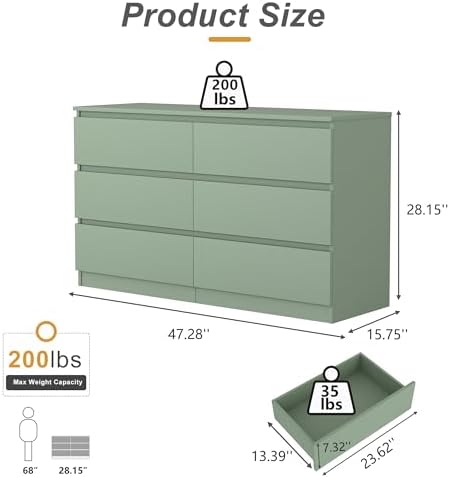 VERYKE Green 6 Drawer Dresser for Bedroom,Chest of Drawers with No-Handle Design for Closet,Modern Wood Dresser Bedroom Storage Furniture - Image 3