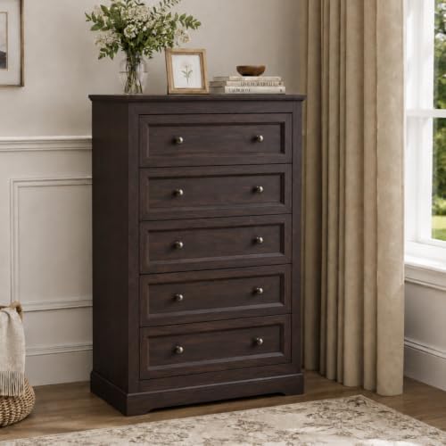 LOUVIXA Farmhouse Dresser 5 Drawer, Bedroom Chest of Drawers, Dressers with 5 Drawers, Wooden Dressers for Bedroom, Living Room, Tv Stand, Entryway(Vintage Brown) by LOUVIXA