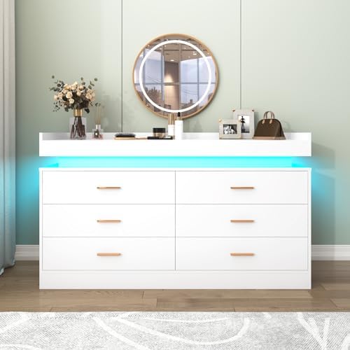 Hlivelood 6 Drawer Dresser with LED Light and Charging Station, Modern Chest of Drawers for Closet, Wide Drawer Organizer Cabinet for Bedroom, Living Room, Entryway, Hallway(6 Drawer White) - Image 5