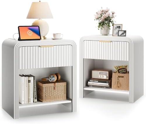 Decofy Fluted 1-Drawer Nightstand Set of 2 with Charging Station, White by Decofy