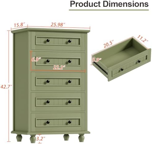 42.7'' Tall 5 Drawer Dresser for Bedroom, Vintage Green Wood Storage Chest - Image 2