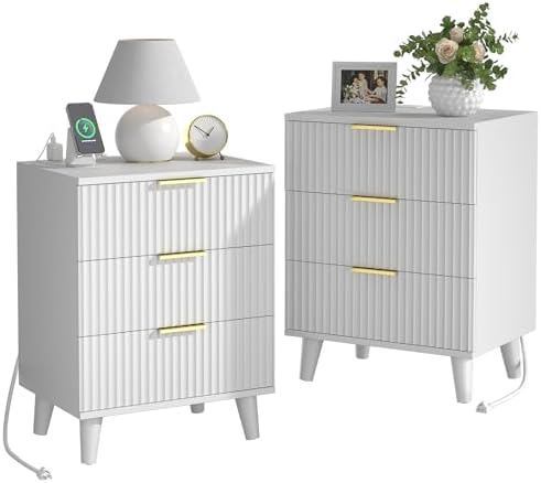 3 Drawers Nightstands Set of 2 w/Charging Station, Modern Fluted Dresser by Lulive