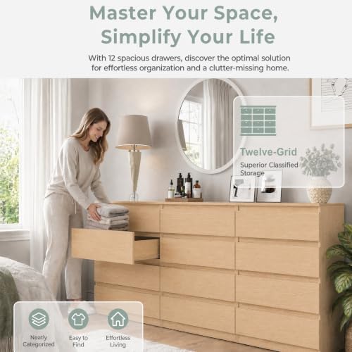 12 Drawer Dresser for Bedroom,Modern Deep Drawer Dresser with No-Handle Design,Storage Wood Chest of Drawer,Storage Organizer Furniture for Closet,Hallway - Image 7
