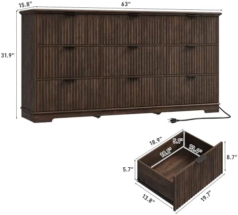 Fluted 9 Drawers Dresser for Bedroom, 63" Wood Dresser with Power Outlet and Deep Drawers, Wide Chest of Drawers, Modern Closet Dressers for Living Room, Upgraded Version with Wooden Drawers, Brown - Image 2