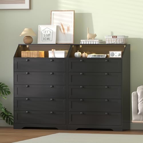 Black Dresser Tall 5 Drawer Dresser for Bedroom, Wood Chest of Drawers with LED Lights, Charging Station, Metal Handles, Modern Storage Cabinet and Organizer Drawers for Living Room, Hallway - Image 2