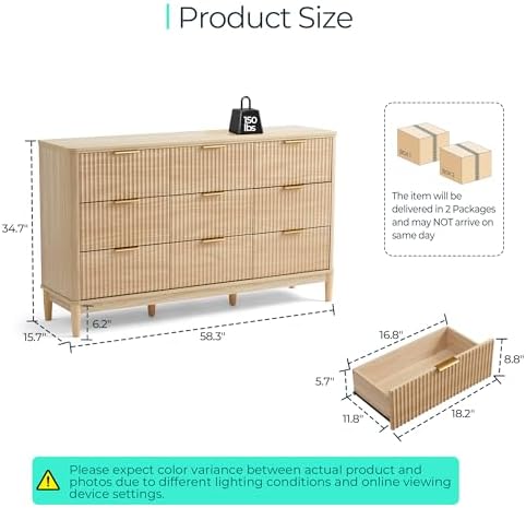 LINSY HOME Fluted Dresser for Bedroom with 9 Drawers, 58" Wide Mid Century Modern Dresser, Tall Boho Chest of Drawers, Large Wood Accent Storage Cabinet for Living Room, Curved Profile Design, Oak - Image 2