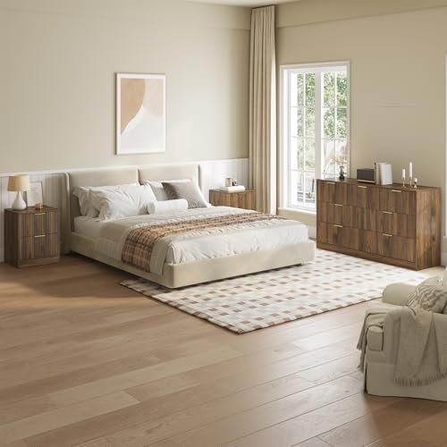 7 Drawer Dresser & 2-Drawer Nightstand Set 3-Piece, Walnut丨55 Wide Bedroom Set Night Stand Set of 2 with Metal Handle, Fluted Wood Chest of Drawers Storage Dressers Set for Bedroom - Image 4