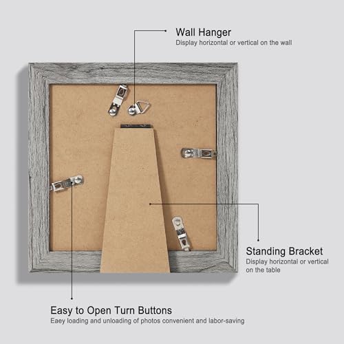 Hongkee 6x6 Picture Frame Set of 4, Made of Glass and Grey Wooden Frame - Display Picture 4x4 with Mat or 6 x 6 Without Mat, 6x6 Photo for Wall or Tabletop - Image 3