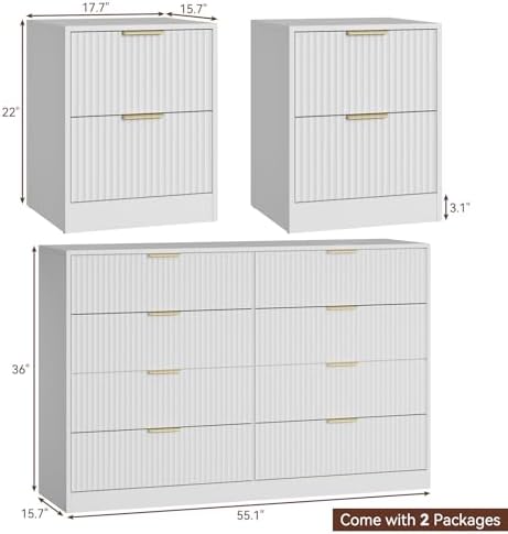 8 Drawer Dresser & 2-Drawer Nightstand Set 3-Piece, White丨55 Wide Fluted White Dresser and Night Stand Set of 2 Modern Wood Chest of Drawers Storage Dressers Set for Bedroom - Image 3