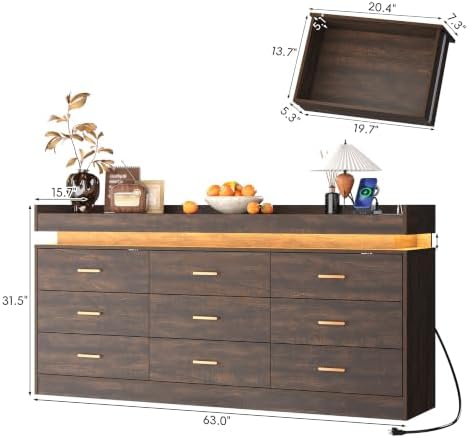 Farmhouse 9 Drawer Dresser with LED Light and Charging Station, Brown - Image 2