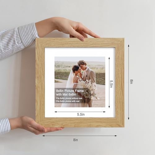 Hongkee 8x8 Picture Frames Set of 4, Made of Glass and Natural Oak Wooden Frame - Display Picture 6x6 with Mat or 8 x 8 Without Mat, 8 by 8 Photo for Wall or Tabletop - Image 2