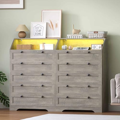 Wodeer Grey Dresser Tall 5 Drawer Dresser for Bedroom, Wood Chest of Drawers with LED Lights, Charging Station, Metal Handles, Modern Storage Cabinet and Organizer Drawers for Living Room, Hallway - Image 2