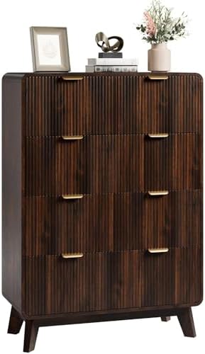 QUW Fluted 5 Drawers Dresser for Bedroom, Modern 40.2" Tall Drawer Dressers with Metal Handle, Wooden Chest of Dresser for Living Room, Hallway, Solid Wood Legs, Curved Profile Design, Dark Walnut by QUW