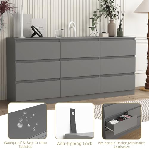 Grey 9 Drawer Dresser for Bedroom,Modern Large Dresser with Deep Drawer,Wide Bedroom Storage Chest of Drawer,Wood Storage Organizer Furniture for Living Room,Closet - Image 3