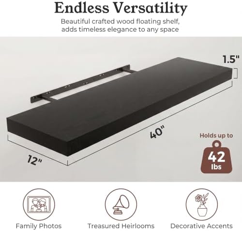 40" Black Floating Shelves 12inch Deep Wall Shelf, Set of 2 - Image 2
