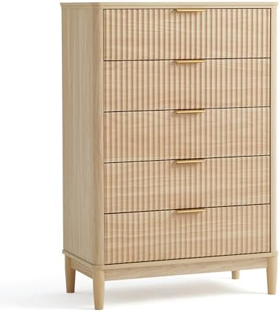 LINSY HOME Fluted 5 Drawers Dresser, 46" Tall Modern Chest of Drawers, Curved Profile Design, Mid Century Wood Dresser with Metal Handle for Bedroom, Living Room, Hallway, Entryway, Oak by LINSYHOME