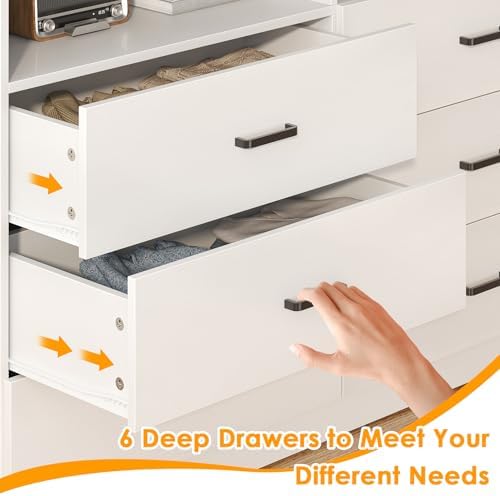 Bigbiglife 6 Drawers Dresser for Bedroom with Open Storage Cubby, Double Wide Dresser Organizer for Bedroom, Living Room, Entryway, Hallway (White) - Image 5