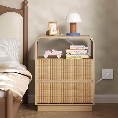 BORNOON Dresser with 2 Drawers and Charging Station, Fluted Bedside Table with Round Curved Corner, Hidden Handles, 2 AC Outlets and 2 USB Ports, Modern Wood End Table with Open Shelf for Bedroom - Image 6