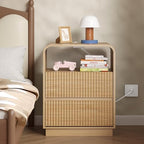 BORNOON Dresser with 2 Drawers and Charging Station, Fluted Bedside Table with Round Curved Corner, Hidden Handles, 2 AC Outlets and 2 USB Ports, Modern Wood End Table with Open Shelf for Bedroom - Image 6