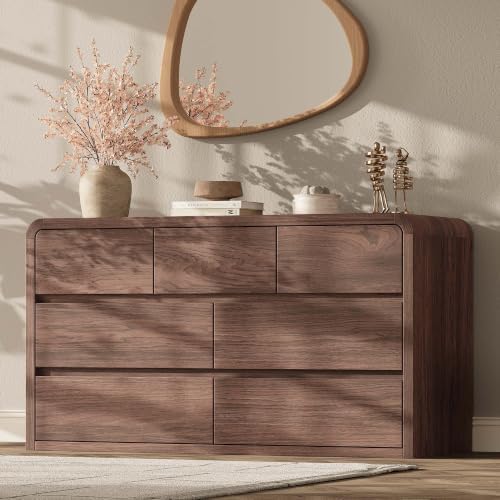 Modern 54" Wide 7 Drawers Dresser with Curved Profile Design,Walnut by TROJMHome