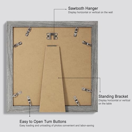 Hongkee 10x10 Picture Frame Set of 4, Made of Glass and Grey Wooden Frame - Display Picture 8x8 with Mat or 10 x 10 Without Mat, 10 by 10 Photo for Wall or Tabletop - Image 3