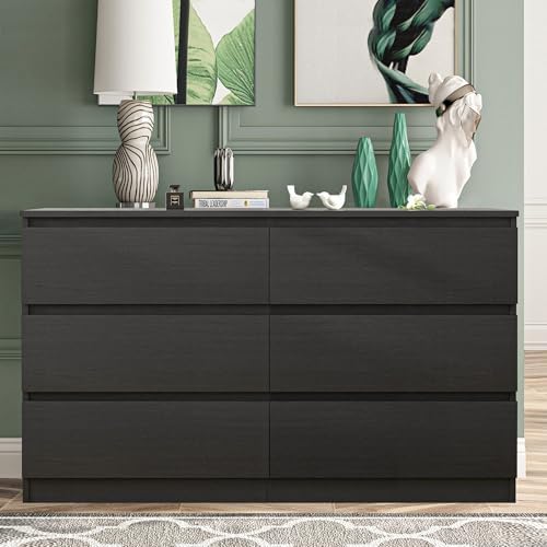 Vibe & Dine Double Dresser 6 Drawer, Modern Chest of Drawers with Wide Storage for Closet, Bedroom, Living Room, Black - Image 2