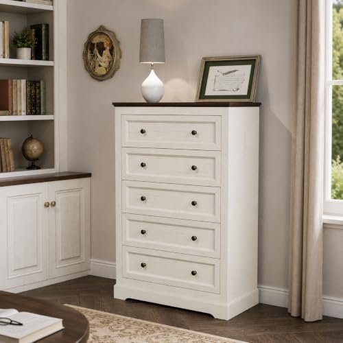 LOUVIXA Farmhouse Dresser 5 Drawer, Bedroom Chest of Drawers, Dressers with 5 Drawers, Wooden Dressers for Bedroom, Living Room, Tv Stand, Entryway(Off White-Brown) - Image 4