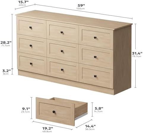 Furnify 9 Drawer Dresser, 59" Wide Dresser for Bedroom, Modern Large Chest of Drawers, TV Stand for 65 inch, Storage Organizer with Metal Handles for Bedroom, Living Room, Hallway, Natural - Image 2