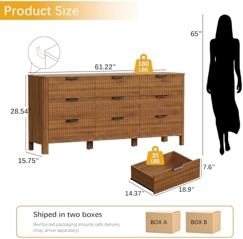 Wodeer 9 Drawer Dresser for Bedroom, 62" W Wide Wood Storage Cabinet with Fluted Design, Modern Chest of Drawers & TV Stand for Living Room, Nursery Clothing Organizer with Metal Slides, Anti-Tipping - Image 2
