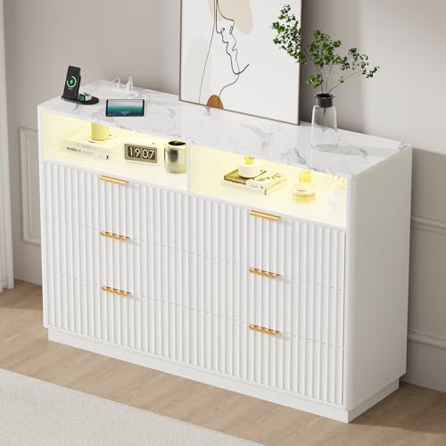 VOWNER Fluted 6 Drawers Dresser for Bedroom Chest of Drawers with 2 Shelves by VOWNER