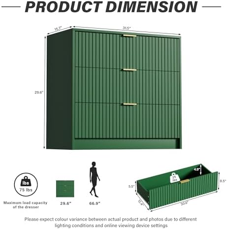 Furniway Green Dresser for Bedroom, Modern Dresser with 3 Drawers and Smooth Slides, Wide Chest of Drawers with Golden Handles for Bedroom, Living Room, Closet, 15.7" D x 31.5" W x 29.6" H - Image 2