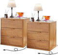 LEYAOYAO Fluted Nightstand Set of 2 with Charging Station,23" Modern Nightstand with Woodgrain Top, 3 Drawer End Table w/Storage, BedsideTables for Bedroom, Living Room, Curved Profile,Brown by LEYAOYAO-Findtheshiningpointofyourideallife%EF%BC%81