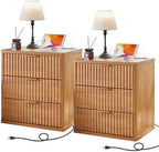 LEYAOYAO Fluted Nightstand Set of 2 with Charging Station,23" Modern Nightstand with Woodgrain Top, 3 Drawer End Table w/Storage, BedsideTables for Bedroom, Living Room, Curved Profile,Brown by LEYAOYAO-Findtheshiningpointofyourideallife%EF%BC%81