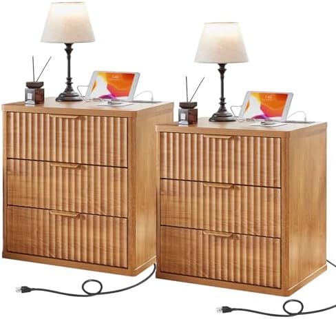 LEYAOYAO Fluted Nightstand Set of 2 with Charging Station,23" Modern Nightstand with Woodgrain Top, 3 Drawer End Table w/Storage, BedsideTables for Bedroom, Living Room, Curved Profile,Brown by LEYAOYAO-Findtheshiningpointofyourideallife%EF%BC%81