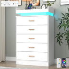 Hlivelood 5 Drawer Dresser with LED Light and Charging Station, Modern Chest of Drawers for Closet, Wide Drawer Organizer Cabinet, Living Room, Entryway, Hallway, White by Hlivelood