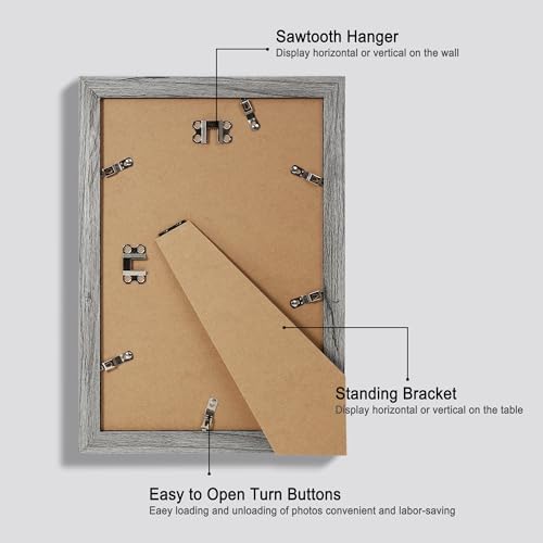 Hongkee 8x12 Picture Frame Set of 4, Made of Glass and Grey Wooden Frame - Display 6x8 Picture with Mat or 8 x 12 Poster Without Mat, 8 by 12 Photo for Wall or Tabletop - Image 3