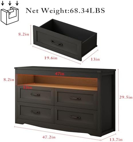 Wodeer Black Dresser for Bedroom, Wood 4 Drawer Dresser with LED Light, Dressers & Chests of Drawers with Metal Handles, Storage and Organization for Bedroom, Hallway, Entryway - Image 2