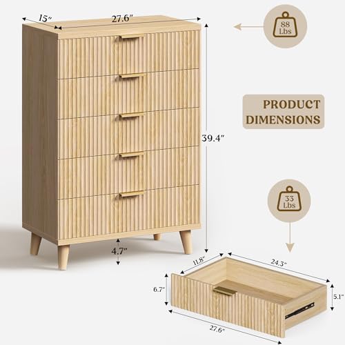 Wood Tall 5 Drawers Dresser, 27.6" W Fluted Modern Dressers for Bedroom - Image 2