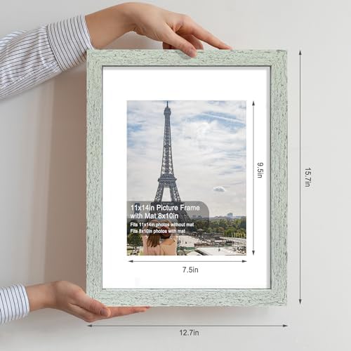 Hongkee 11x14 Picture Frame Set of 4, Made of Real Glass and Sage Green Wooden Frame, Display 8x10 Pictures with Mat or 11 x 14 Posters without Mat for Wall Mounting, Gallery Photo Frames - Image 2