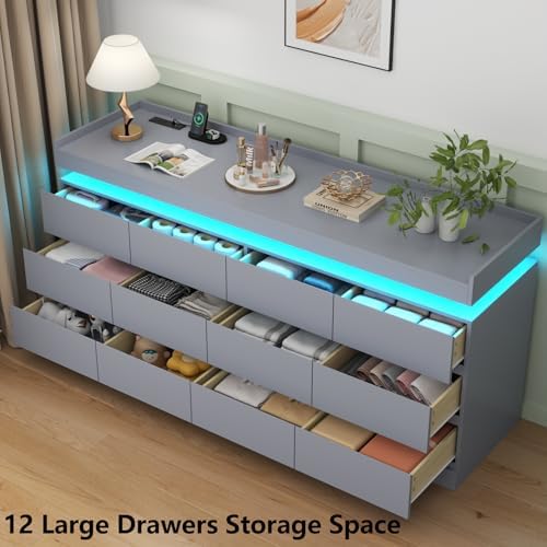 Gyfimoie 12 Drawer Dresser with Power Outlet, Modern Dresser with LED Light - Image 3
