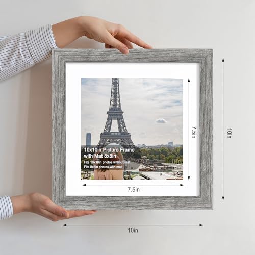 Hongkee 10x10 Picture Frame Set of 4, Made of Glass and Grey Wooden Frame - Display Picture 8x8 with Mat or 10 x 10 Without Mat, 10 by 10 Photo for Wall or Tabletop - Image 2