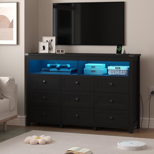Wodeer 9 Drawer Dresser for Bedroom with LED Lights, Charging Station, Wood Chest of Drawers with Metal Handles, Modern TV Stand & Storage Organizer for Living Room, Hallway, Black - Image 3