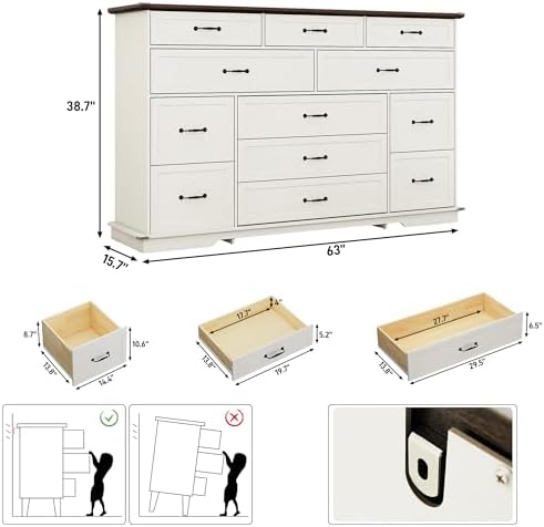 jiteentarou Tall Farmhouse 12 Drawer Dresser for Bedroom,63” Wood Dresser & Chest of Drawers with Power Outlets,Large & Wide Dressers for Bedroom,Tall Storage Dresser Organizer(White) - Image 2