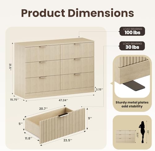 MALOL Modern Fluted 6 Drawer Dresser, Wide Wooden Storage Cabinet with Metal Handles, Silent Glide Drawers, Anti-Tip Chest for Bedroom, Living Room, Natural Wood, 47 Inch - Image 2