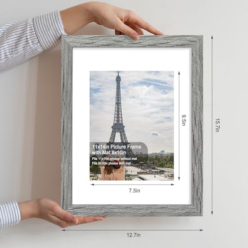 Hongkee 11x14 Picture Frame Set of 4, Made of Real Glass and Grey Wooden Frame, Display 8x10 Pictures with Mat or 11 x 14 Posters without Mat for Wall Mounting, Gallery Photo Frames - Image 2