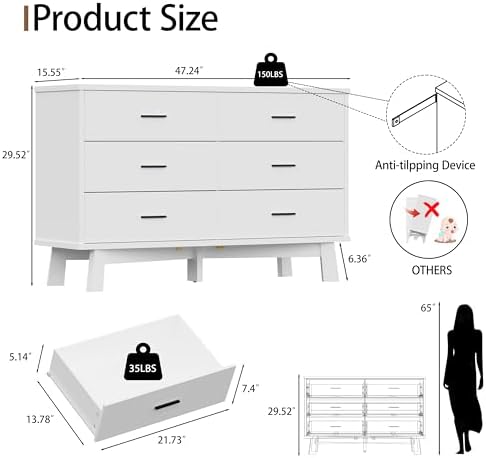 Xixini Dresser for Bedroom, 6 Drawer Wide Modern Chest of Drawers with X-Shaped Sturdy Base, Wood Double Dresser Closet Clothes Storage Organizer, Wooden TV Stand for Living Room, Hallway, White - Image 2