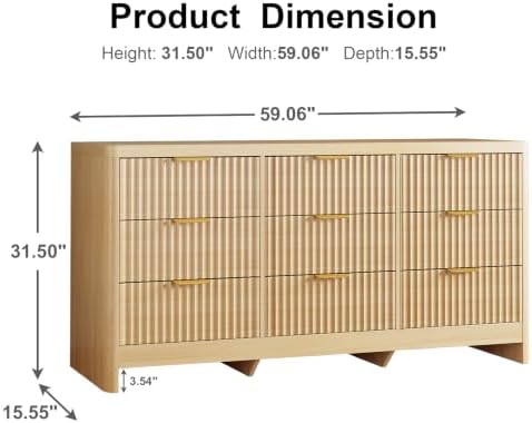 Fluted 9 Drawer Dresser for Bedroom, 59" Horizontal Wide Modern Low Profile Chest of Drawers with Metal Handle & Storage, Long Wooden Dresser TV Stand for Living Room & Closet, Natural Oak Dresser - Image 2