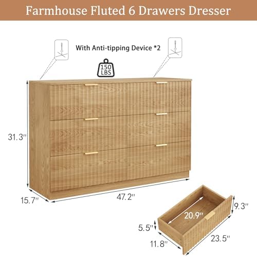 47.2" Wide Fluted 6 Drawer Dresser for Bedroom, Natural - Image 2