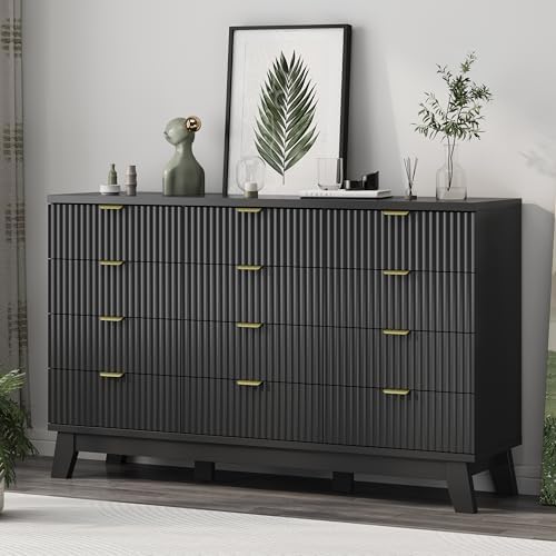 Xixini Fluted Dresser for Bedroom with 12 Drawers, 57" Wide Modern Chest of Drawers with Metal Handle, Wooden Dresser TV Stand, Wood Closet Clothes Storage Organizer for Living Room, Hallway, Black - Image 4