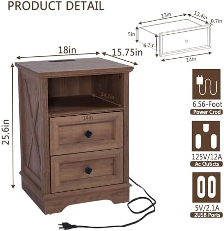 Farmhouse 2 Drawers Dresser,Natural Oak Small Dresser with Charging Station - Image 2